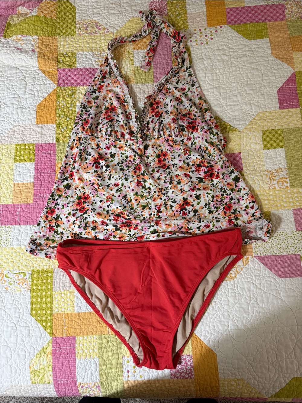Liz Claiborne Floral Halter Tankini Top with Red/Orange Bikini Bottoms